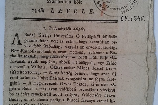 A hét műtárgya: Tudománybéli dolgok 1782-ből a Magyar Hírmondóban